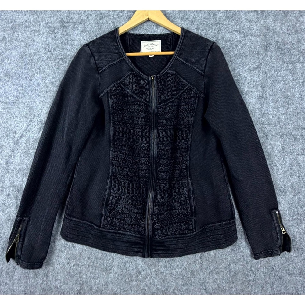 Lucky Brand Jacket Women Large Black Textured Punk Rocker Goth Grunge Full Zip